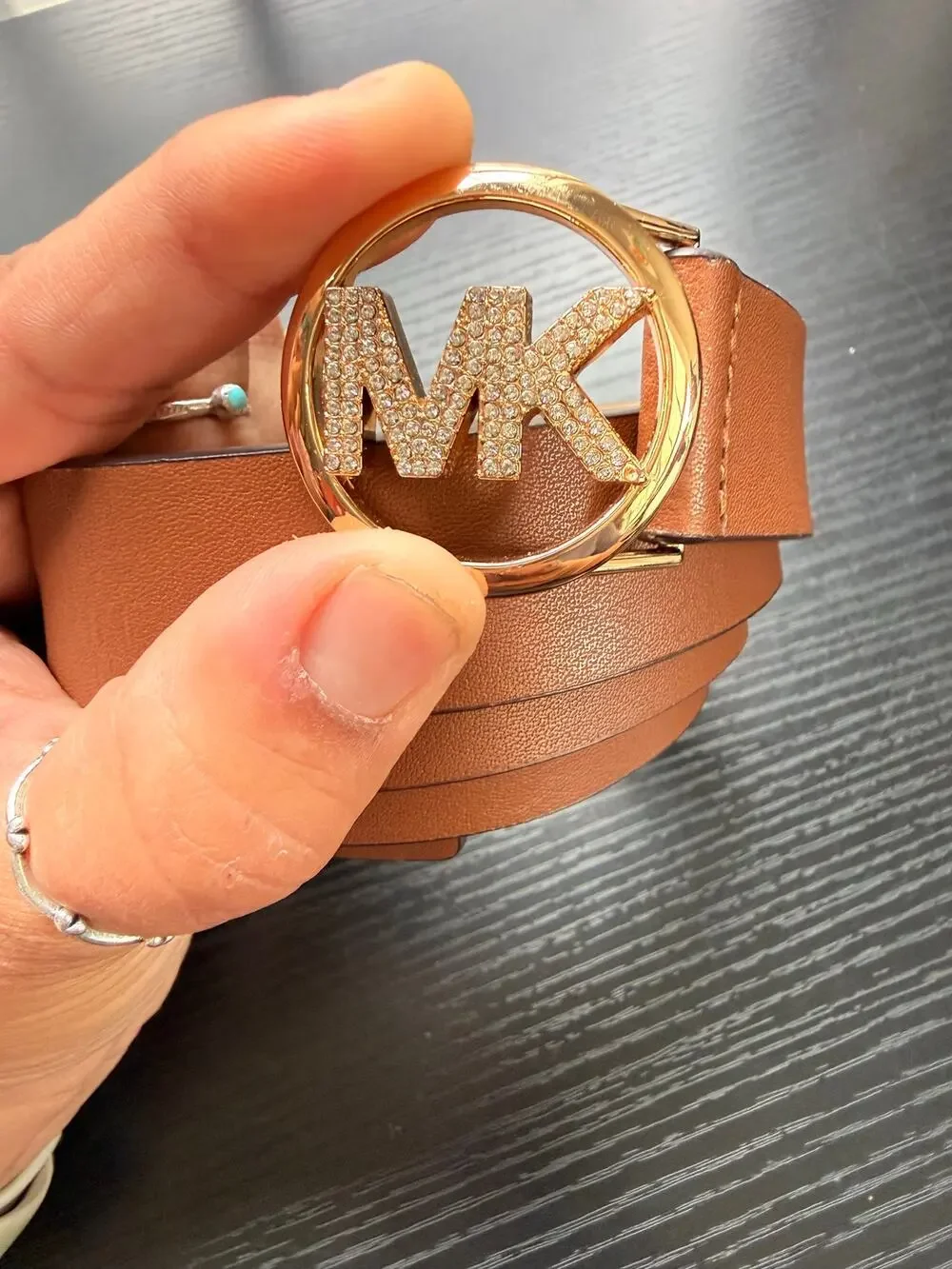 Authentic Michael Kors Brown Leather Belt Gold Crystal MK Buckle S/M READ BELOW